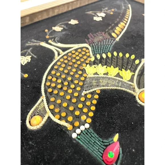 VTG Pheasant Bird Black Velvet Felt Beaded Rhinestones Art Wooden Frame MCM - Picture 16 of 16